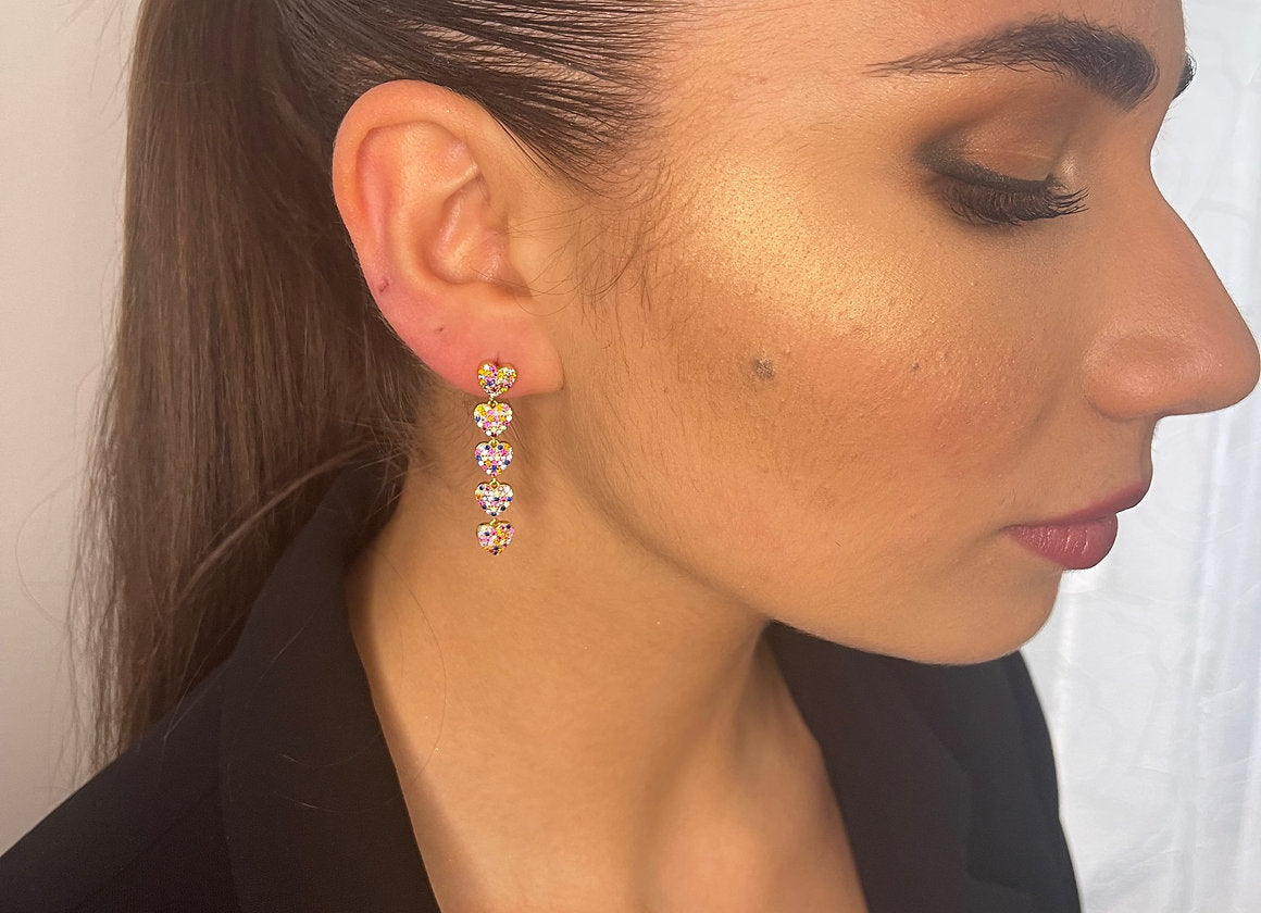 ORECCHINI CUORI PENDENTI RAINBOW PLACCATO ORO